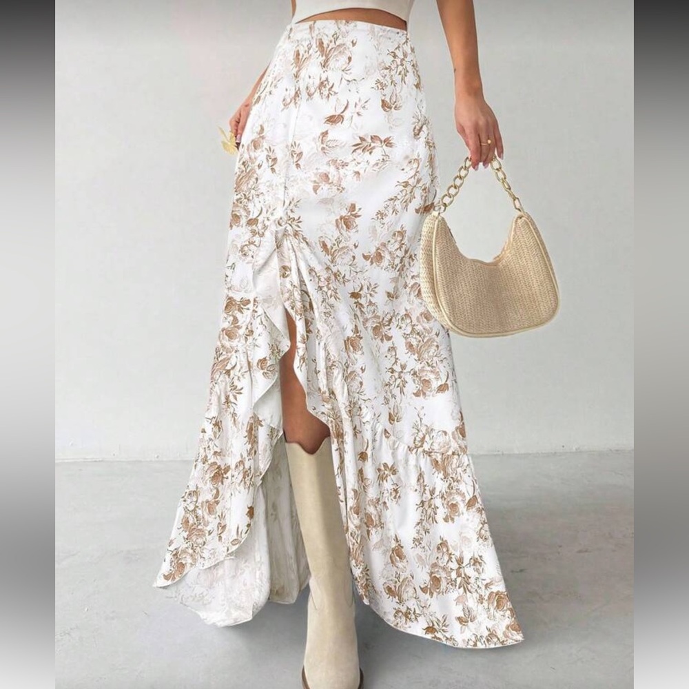 REVOLVE Floral High Low Skirt in White and Brown